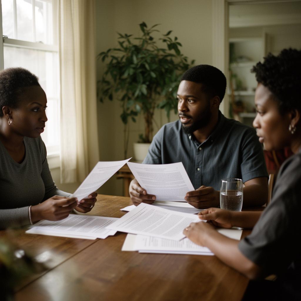 A Black family seated at a dining table reviewing printed legal documents in soft natural light.