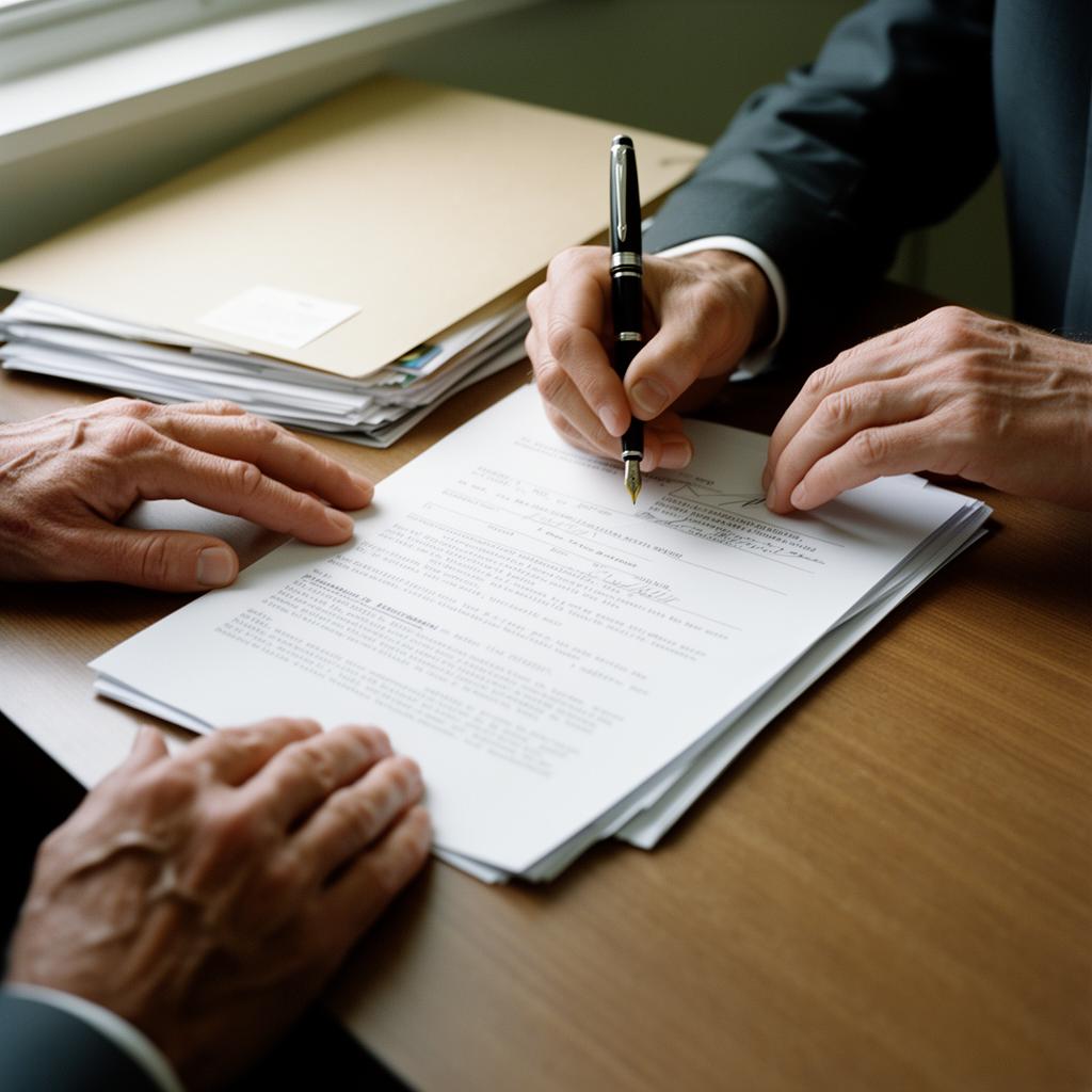 Close-up of hands signing a printed legal document with a fountain pen at a desk in soft natural light.